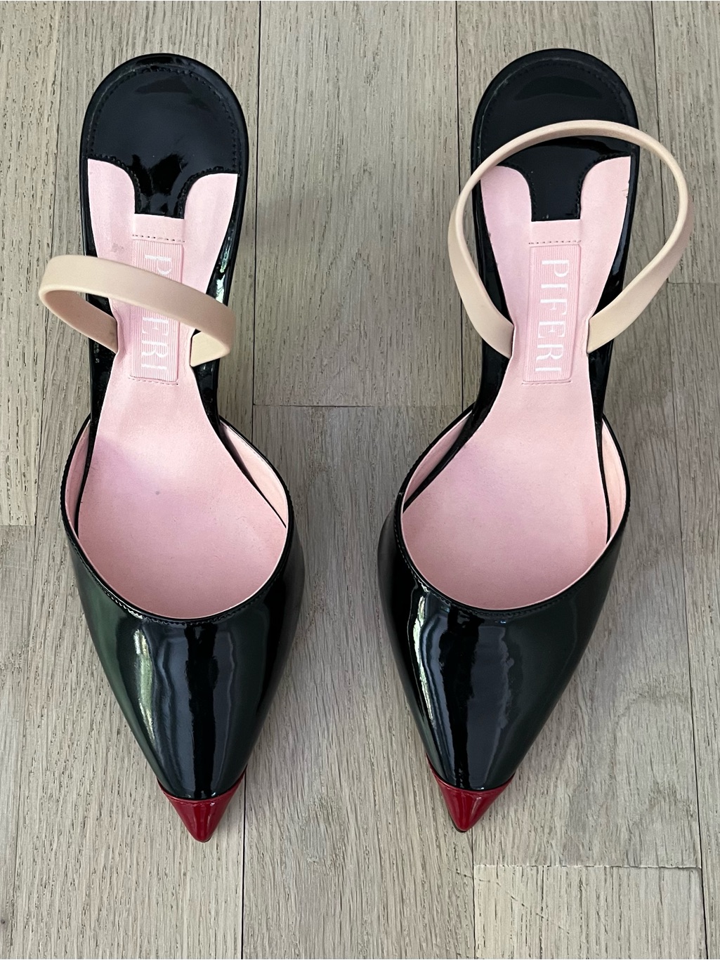 Piferi Black Patent Pointed-Toe Slingback 3" Pumps With Red Tip. Never Worn.
